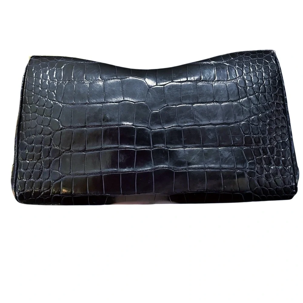 Judith Leiber Midnight Blue Alligator Clutch W/Silver Tone‎ & Lapis Stone Frame